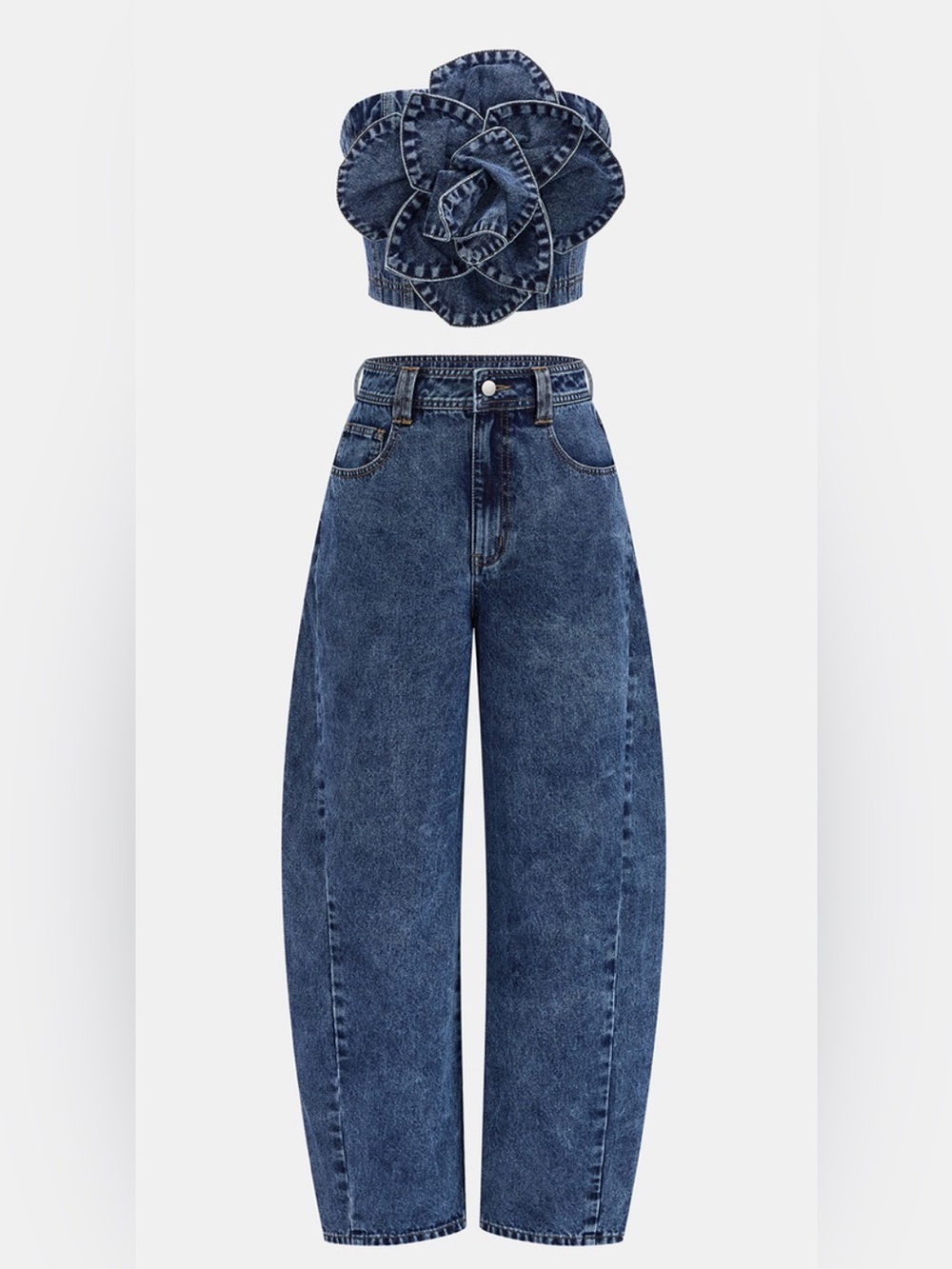 Commense Set Dark Blue Wide Leg High-Rise Jeans and 3d Flower Top - Picture 2 of 8